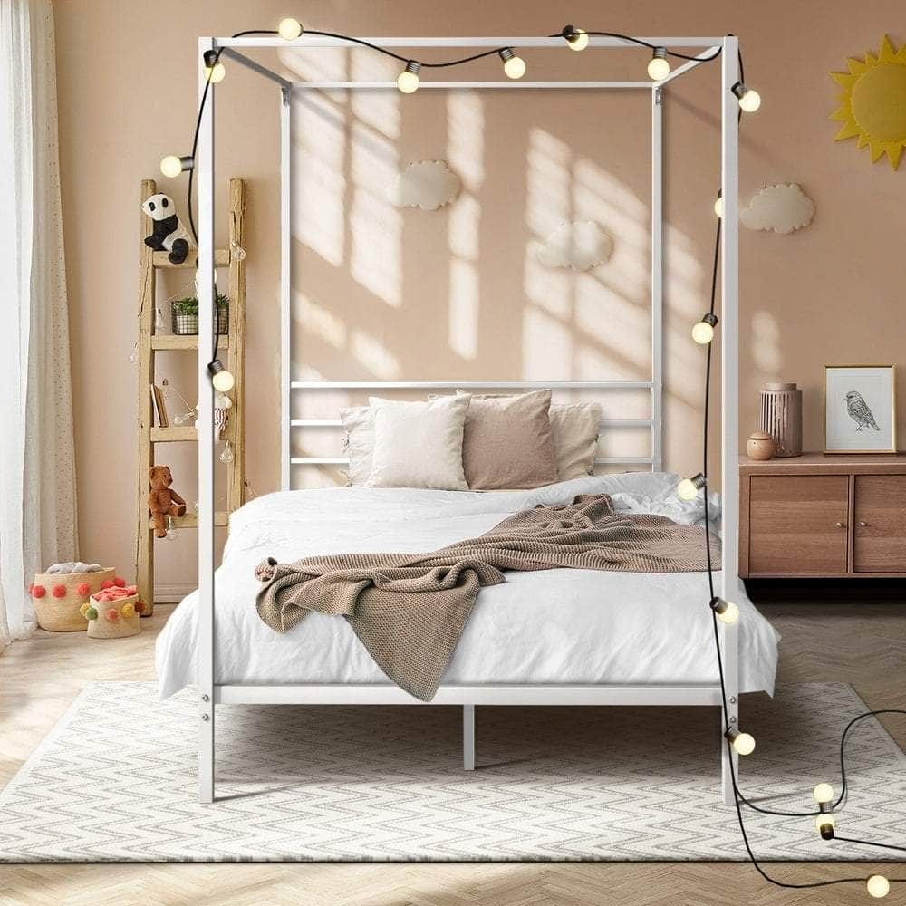 Metal Canopy Bed Frame Double/Queen/Single Size White