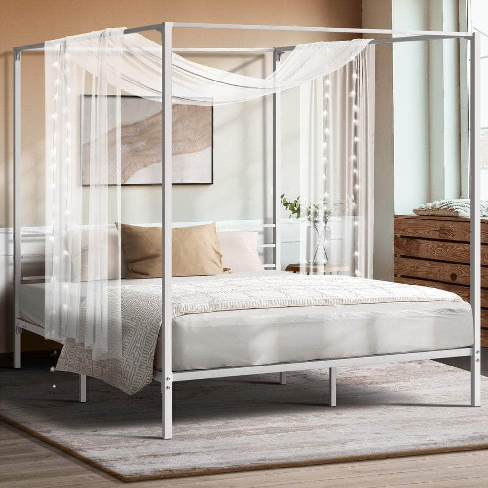 Metal Canopy Bed Frame Double/Queen/Single Size White