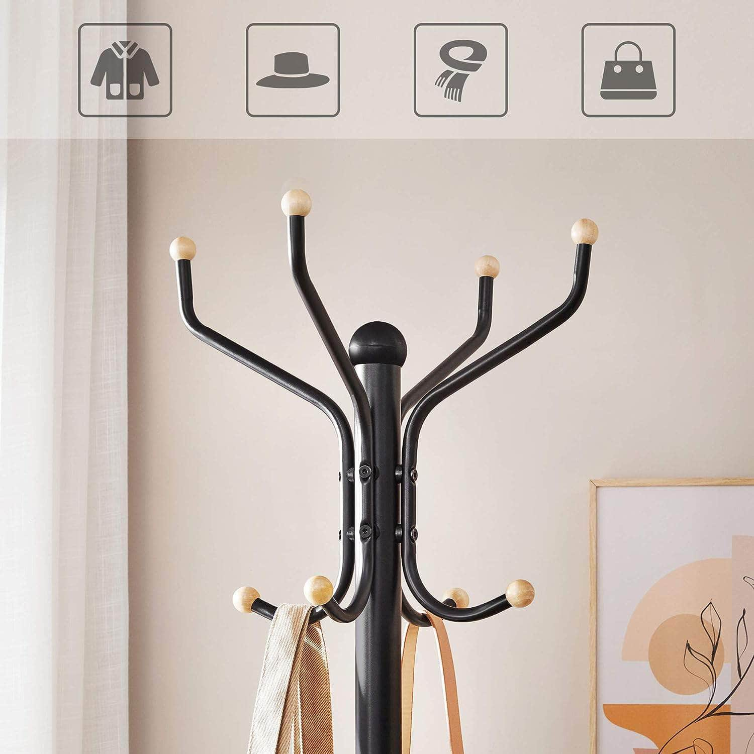 Metal Coat Rack Stand Hat Hanger, Black, 182Cm