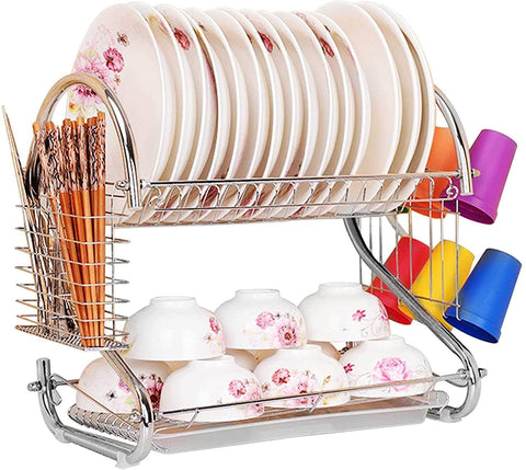 Metal Dish Drying Rack Kitchen-2-Tier With Drain Board