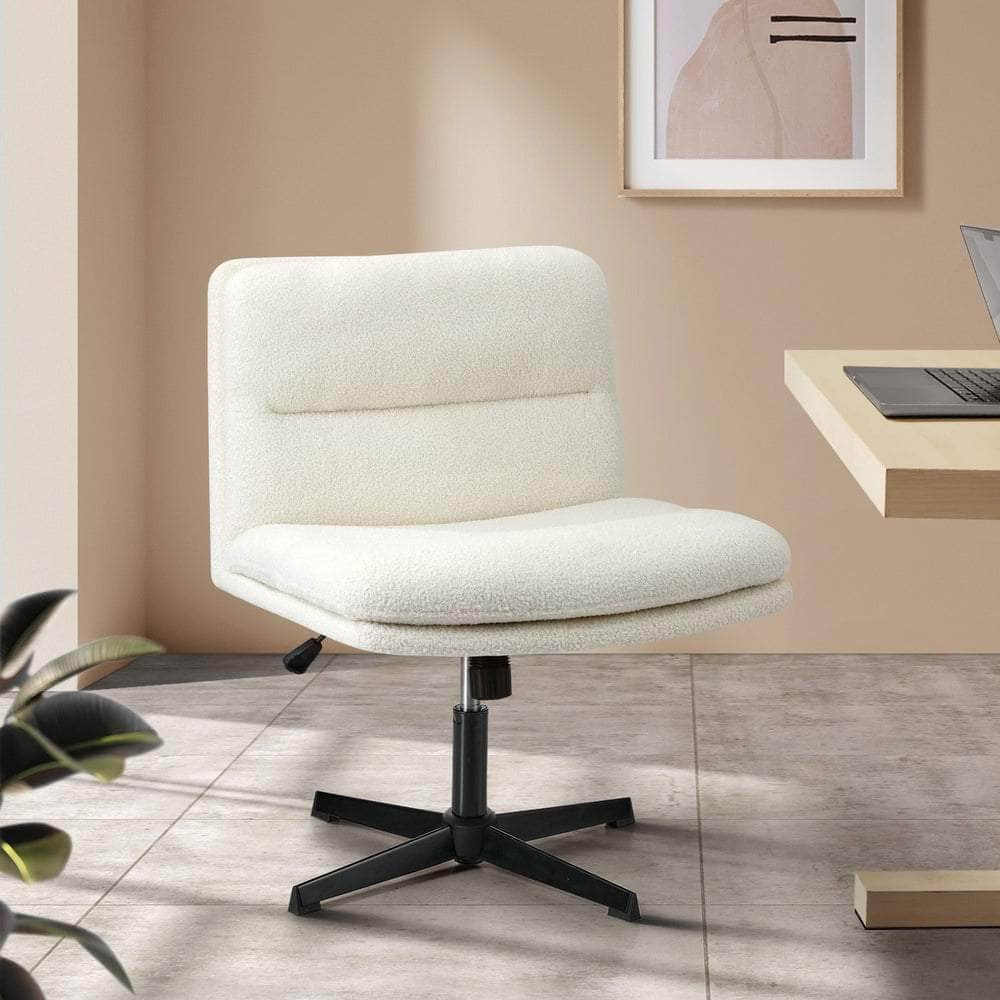 Mid Back Armless Office Chair Wide Seat Boucle White