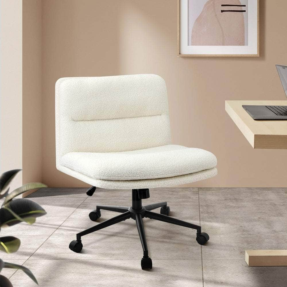 Mid Back Armless Office Chair Wide Seat Boucle White