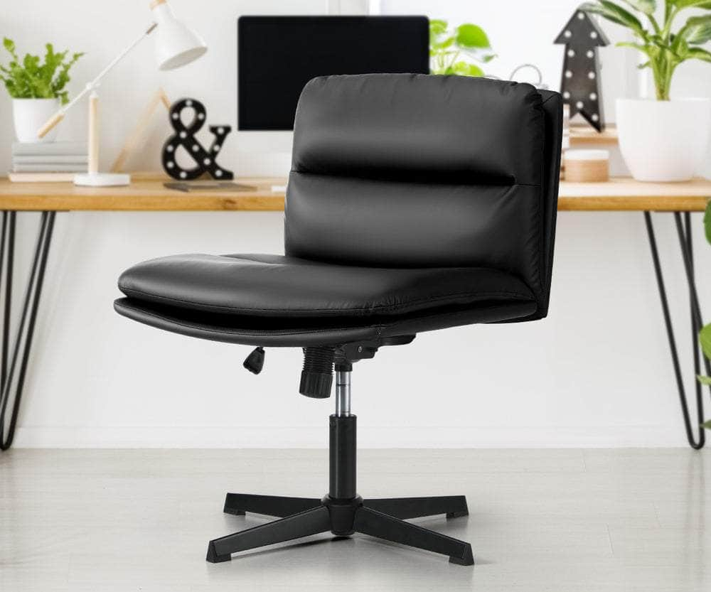 Mid Back Armless Office Chair Wide Seat Leather Beige/Black