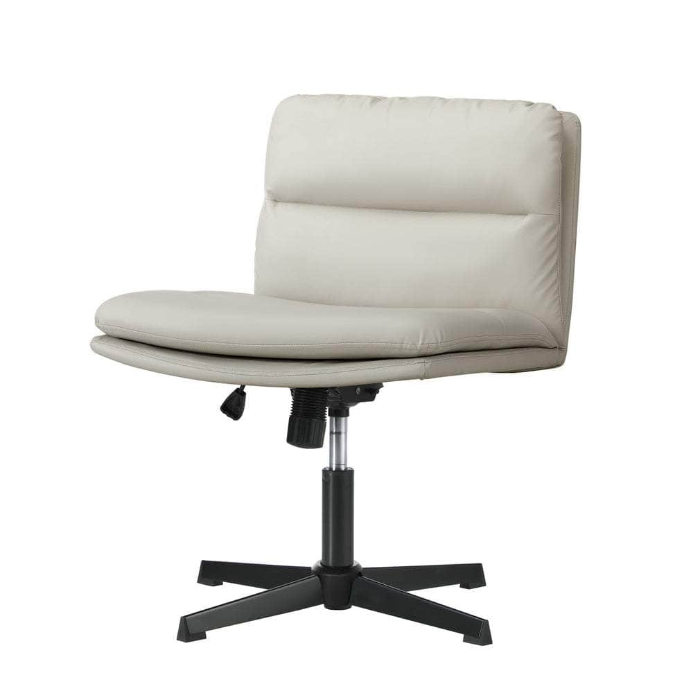 Mid Back Armless Office Chair Wide Seat Leather Beige/Black