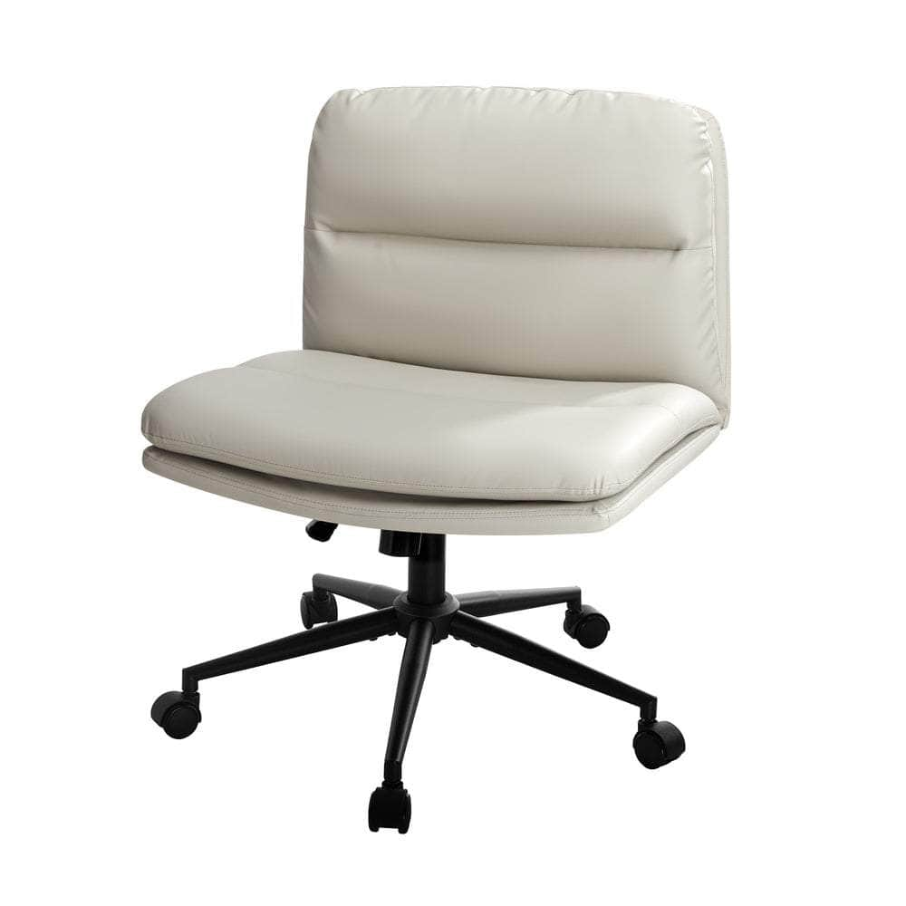 Mid Back Office Chair Wide Seat Leather Beige with Wheels