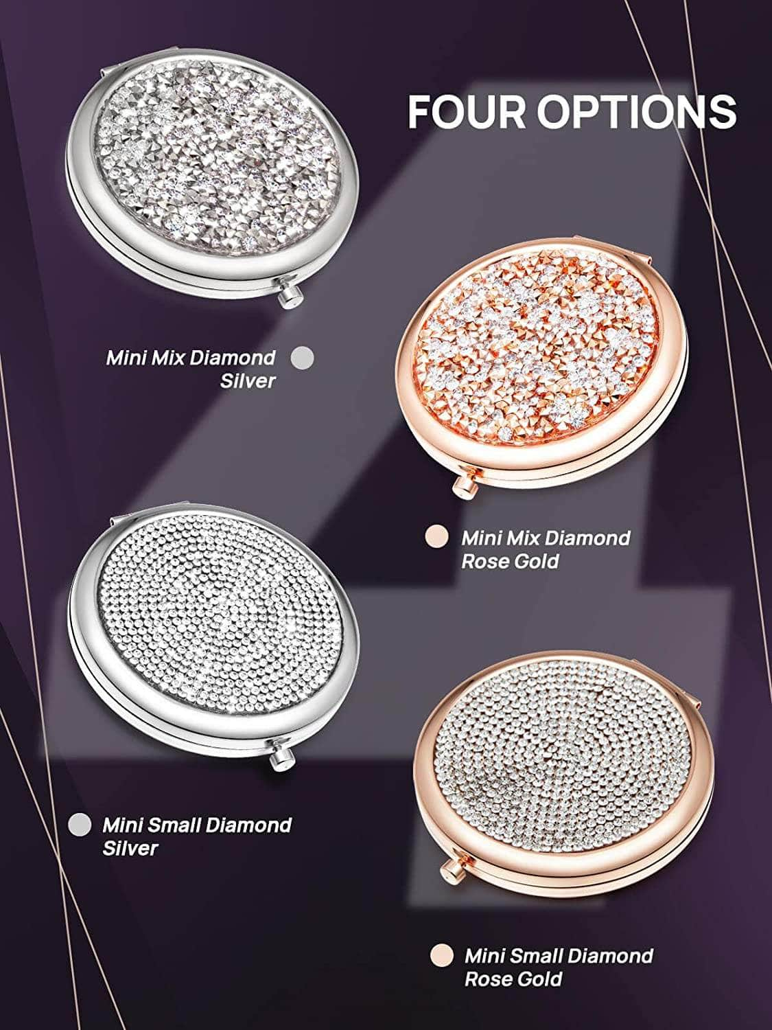 Mini Mix Diamond 1X/2X Magnifying Round Metal Pocket Makeup Mirror (Silver)