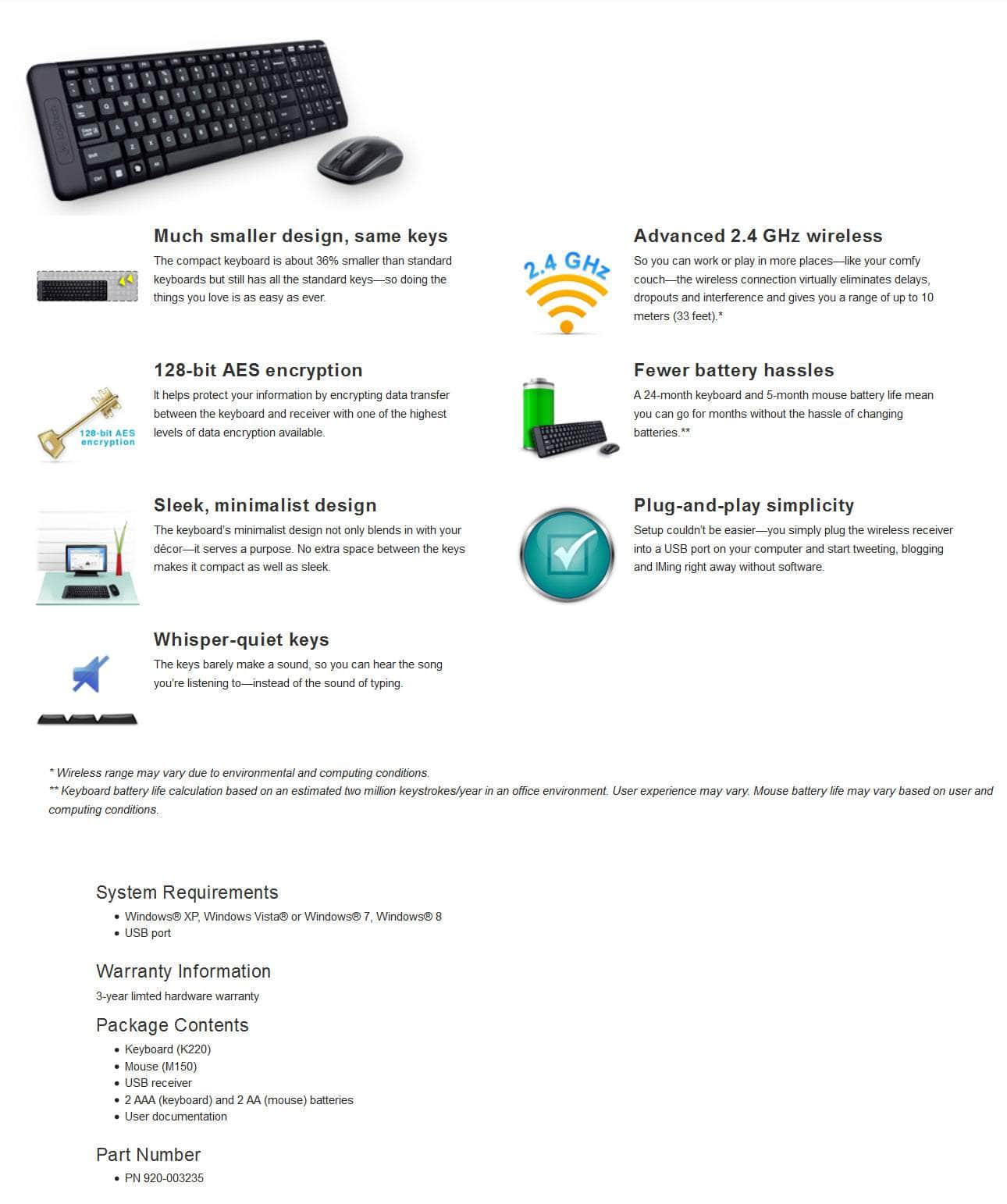 Mk220 Wireless Keyboard Mouse (920-003235)