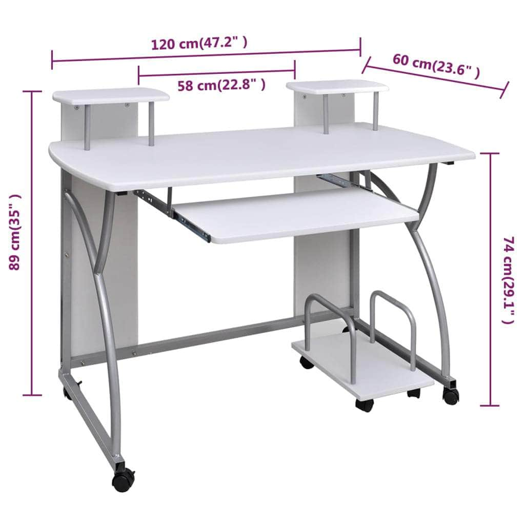 Mobile Computer Desk Pull Out Tray White Office Student Table