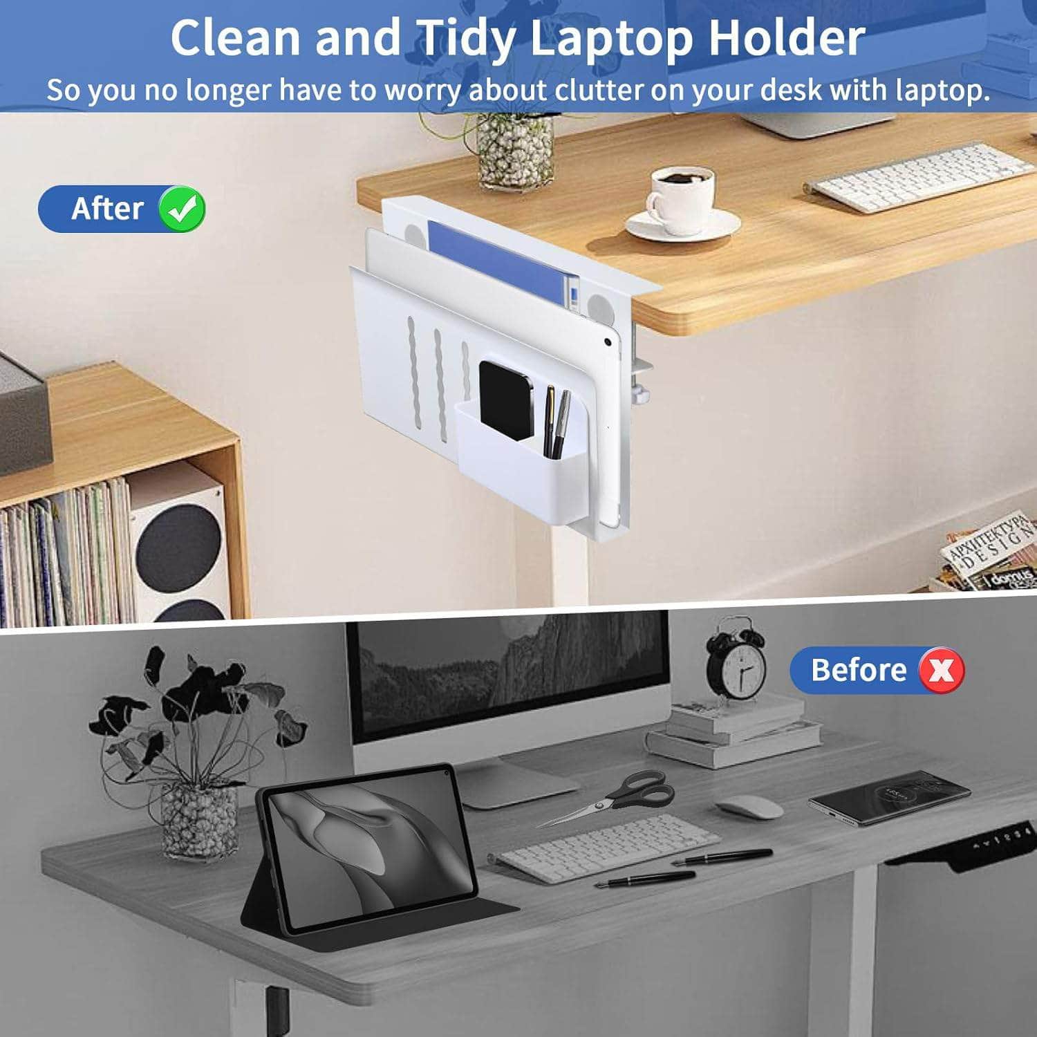 Modern Laptop Holder with Cable Tray - No-Drill Under Desk Storage