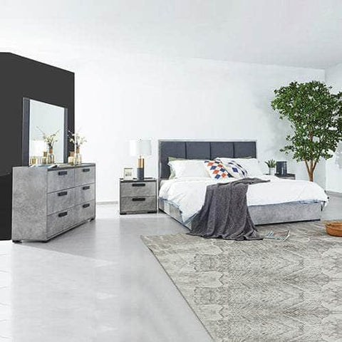 Modern Queen Bedroom Suite - Black & Cement Upholstery with Dresser