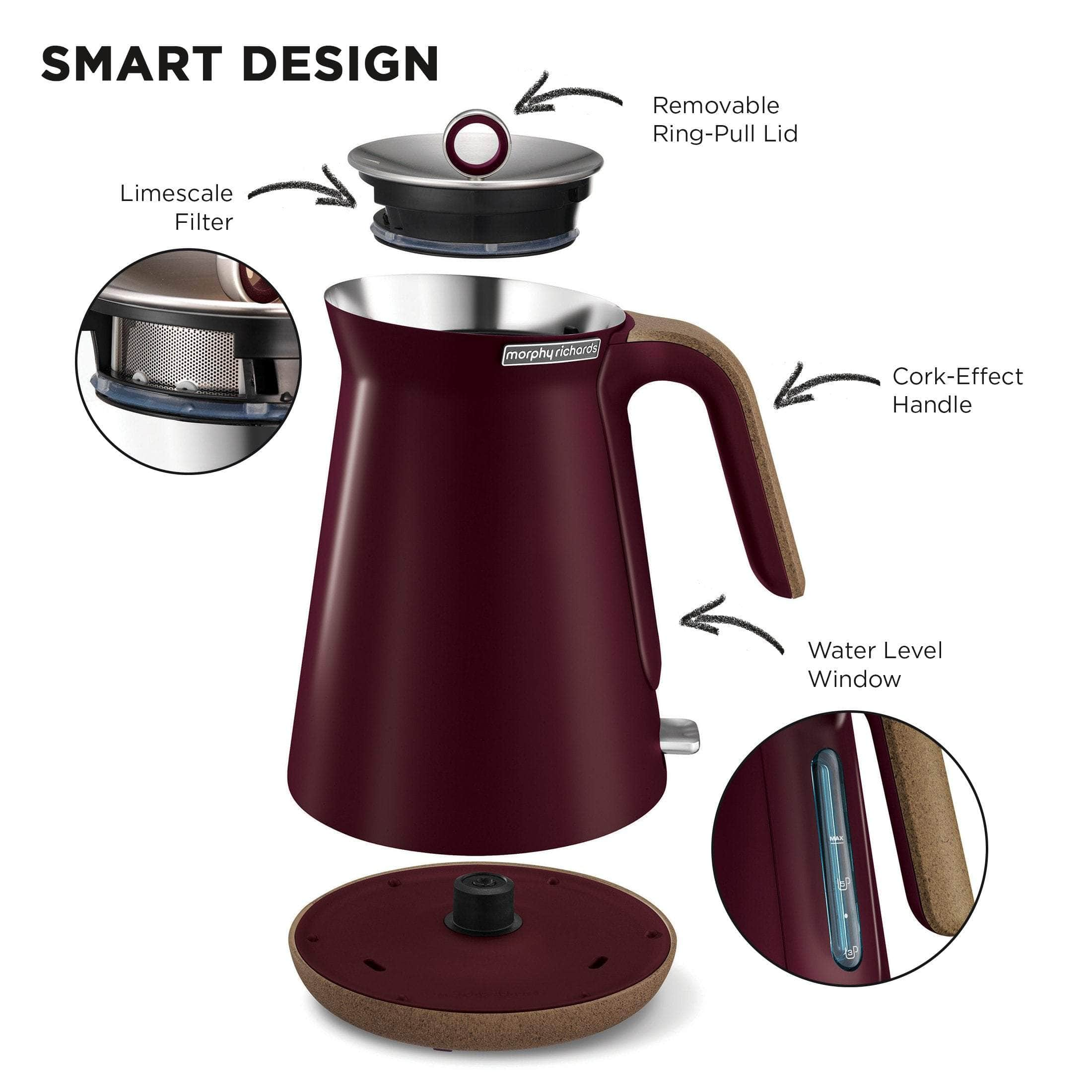 Morphy Richards 1.5L Aspect Kettle - Maroon With Cork-Effect Trim