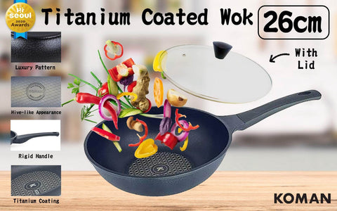 Non-Stick Titanium Coating Wok Pan 26cm + Glass Lid