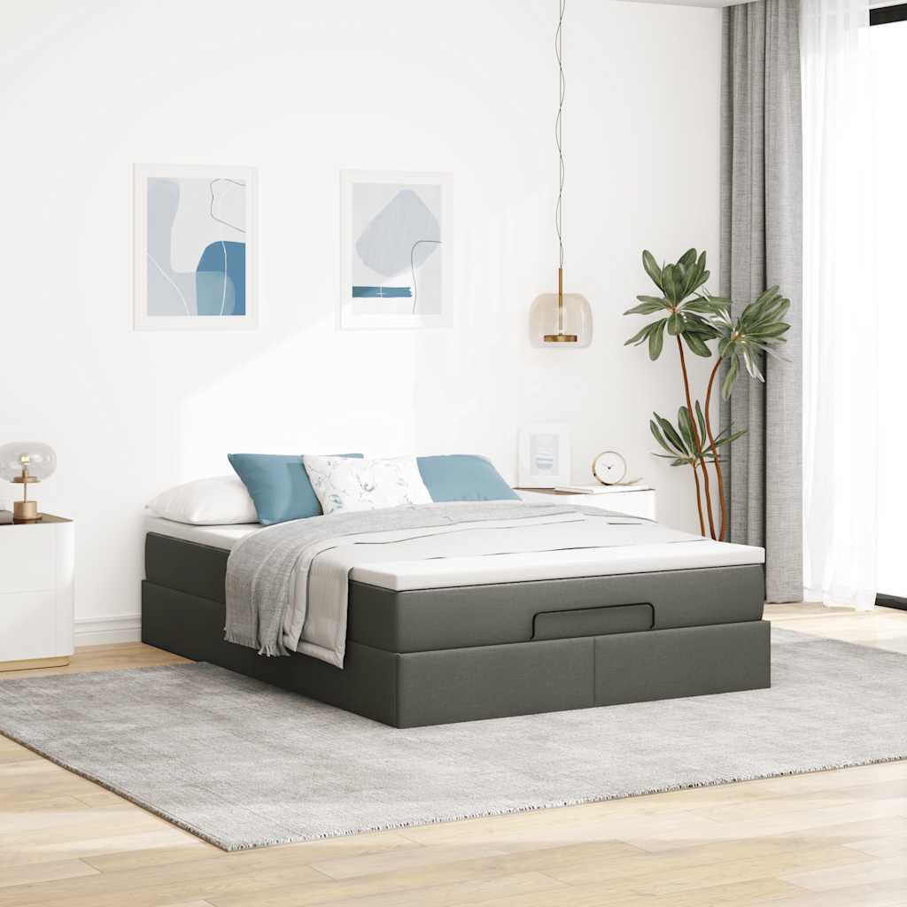 Ottoman Bed with Mattress Dark Grey Double Fabric