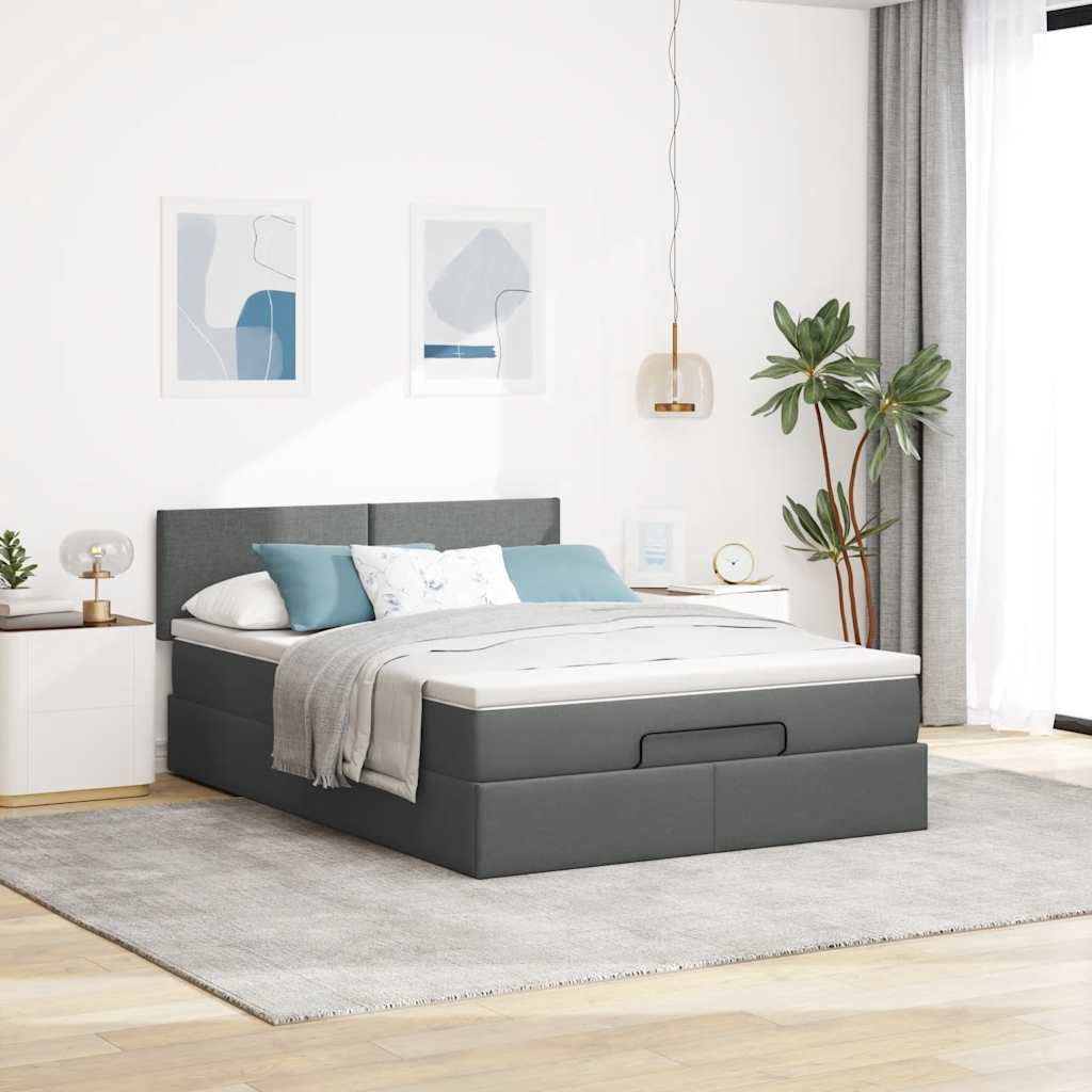 Ottoman Bed with Mattress & LEDs Dark Grey - Queen Fabric