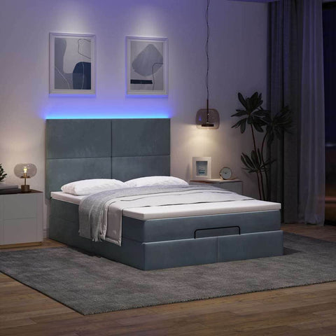 Ottoman Bed with Mattresses & LEDs Dark Grey Queen Velvet