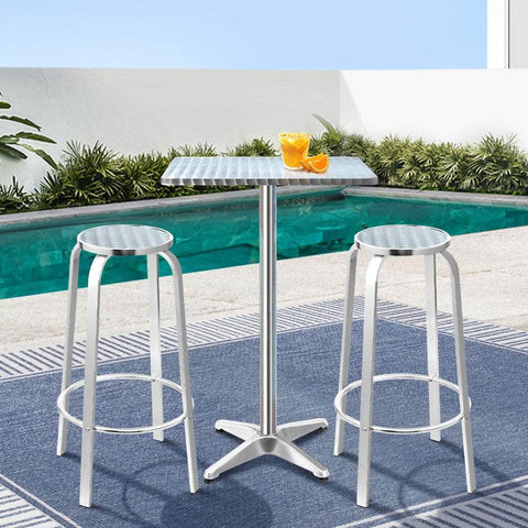 Outdoor Bistro Set Bar Table Stools Adjustable Aluminium Cafe 3PC Square