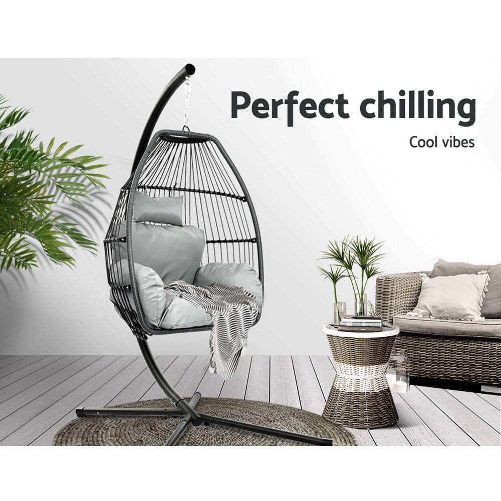 Outdoor Egg Swing Chair Wicker Rope Furniture Pod Stand Cushion Grey