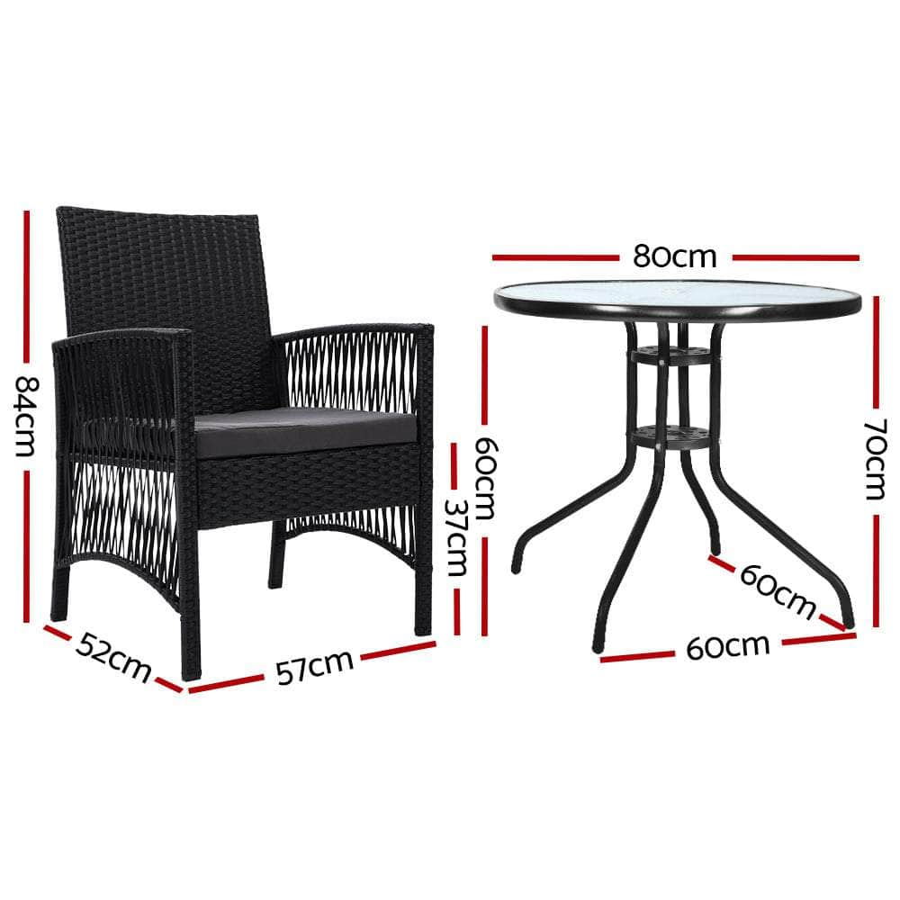 Outdoor Furniture Dining Chairs Rattan Garden Patio Cushion Black 3PCS Tea Coffee Cafe Bar Set