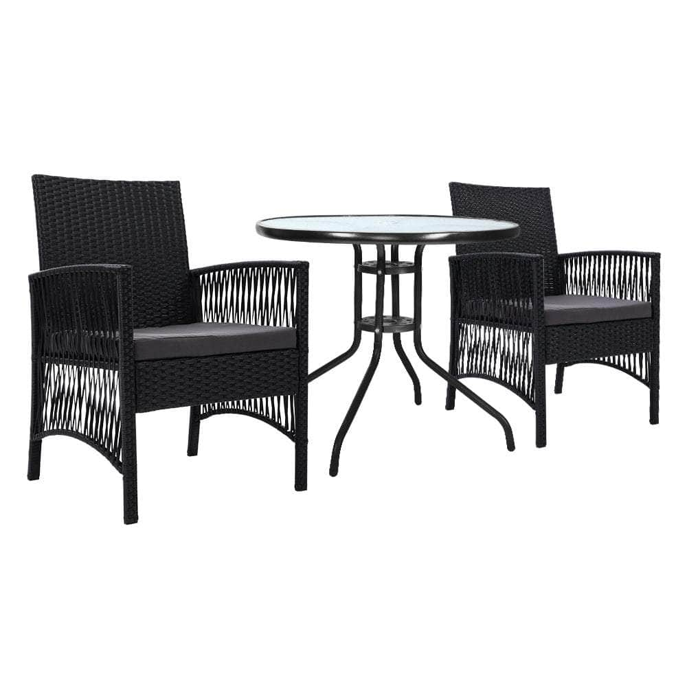 Outdoor Furniture Dining Chairs Rattan Garden Patio Cushion Black 3PCS Tea Coffee Cafe Bar Set