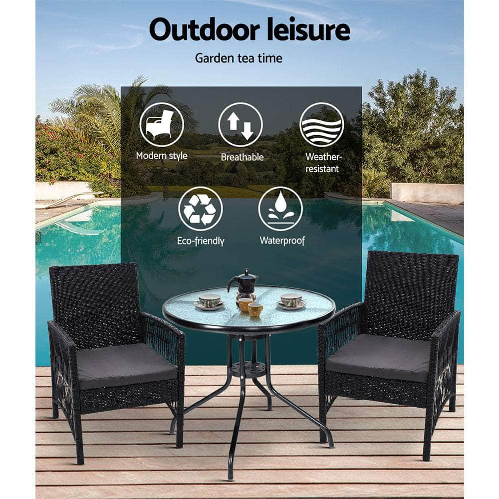 Outdoor Furniture Dining Chairs Rattan Garden Patio Cushion Black 3PCS Tea Coffee Cafe Bar Set