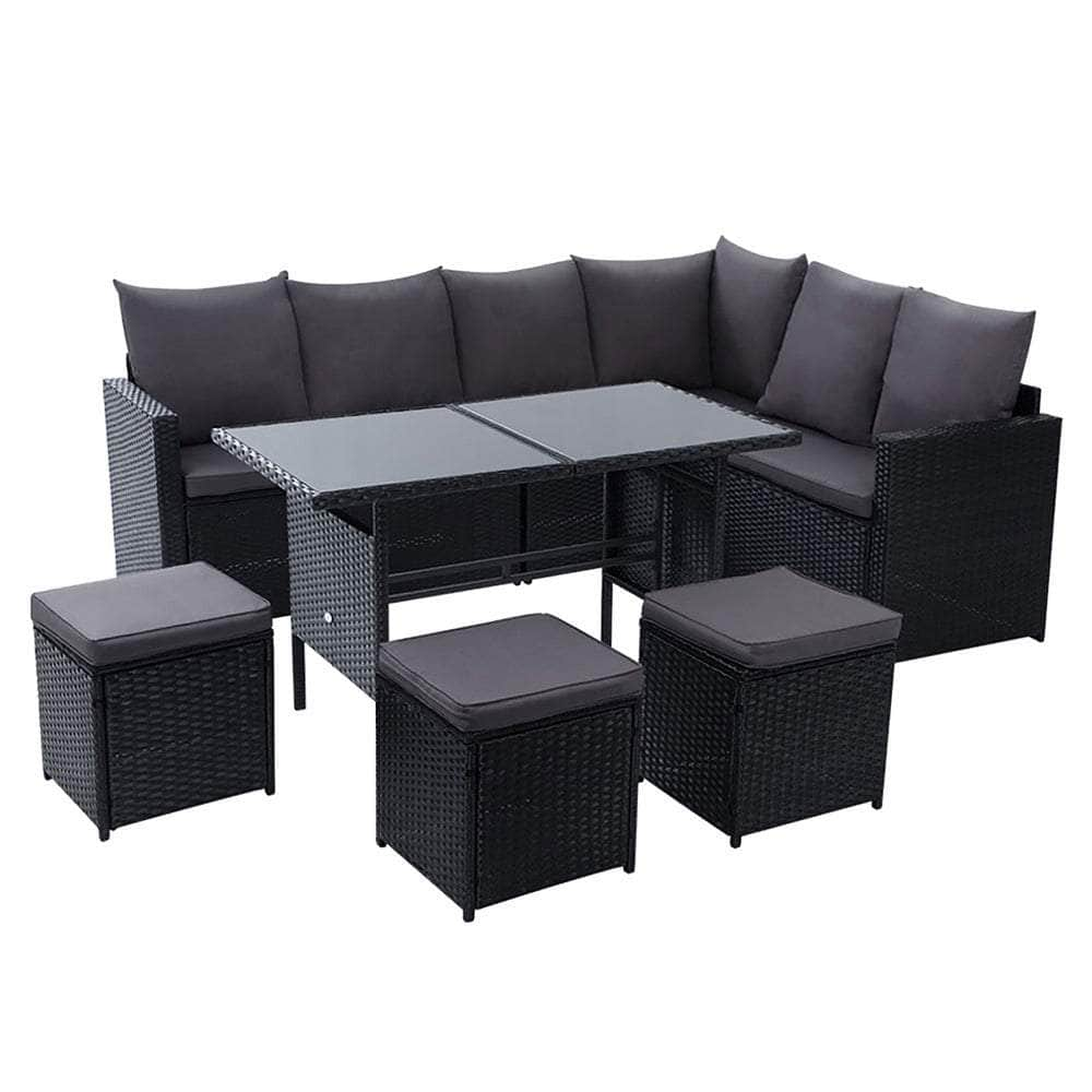 Outdoor Furniture Dining Setting Sofa Set Lounge Wicker 9 Seater Black