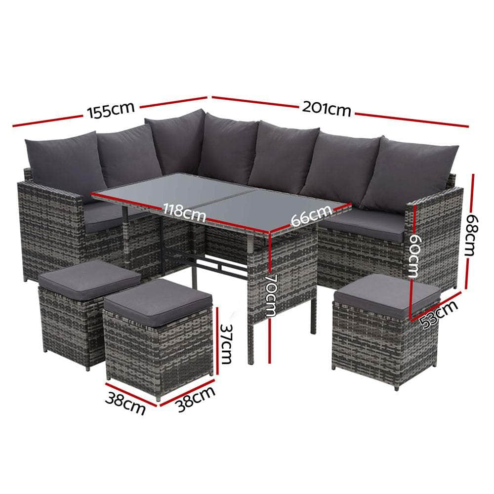 Outdoor Furniture Dining Setting Sofa Set Lounge Wicker 9 Seater Mixed Grey