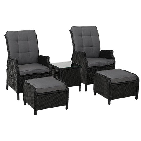 5Pc Recliner Chairs Table Sun Lounge Wicker Outdoor Adjustable Black