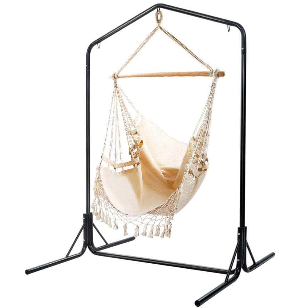 Outdoor Hammock Chair with Stand Tassel Hanging Rope Hammocks Cream