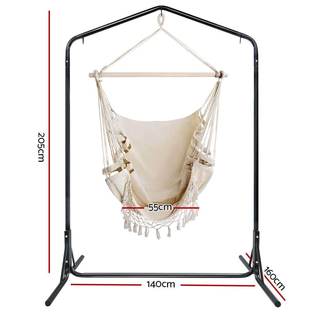 Outdoor Hammock Chair with Stand Tassel Hanging Rope Hammocks Cream