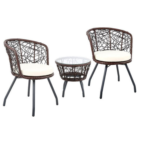 3Pc Bistro Set Outdoor Furniture Rattan Table Chairs Patio Garden Cushion Brown