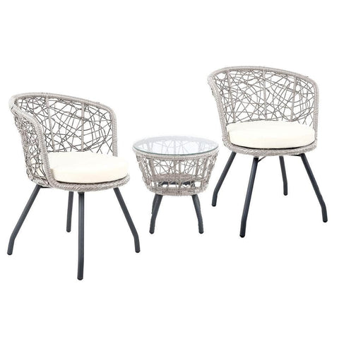 3Pc Bistro Set Outdoor Furniture Rattan Table Chairs Patio Garden Cushion Grey