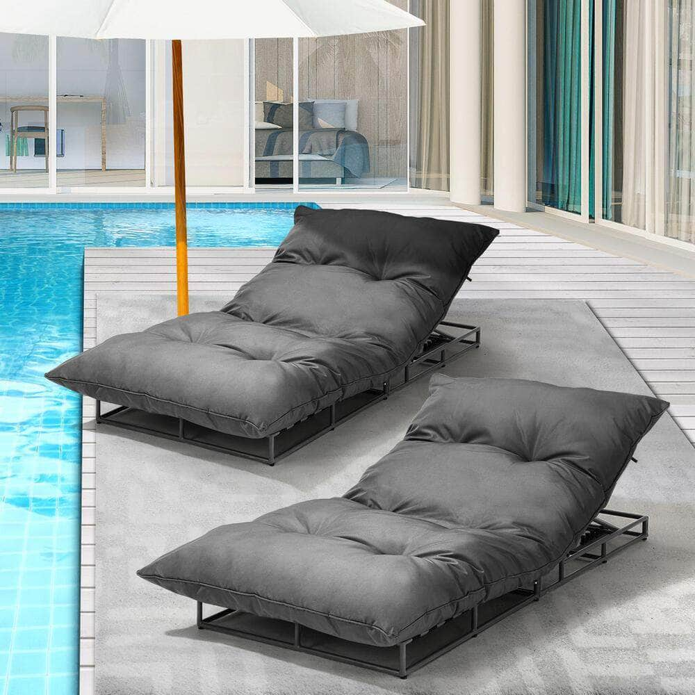 Outdoor Sun Bed Metal Frame Grey Cushion X2