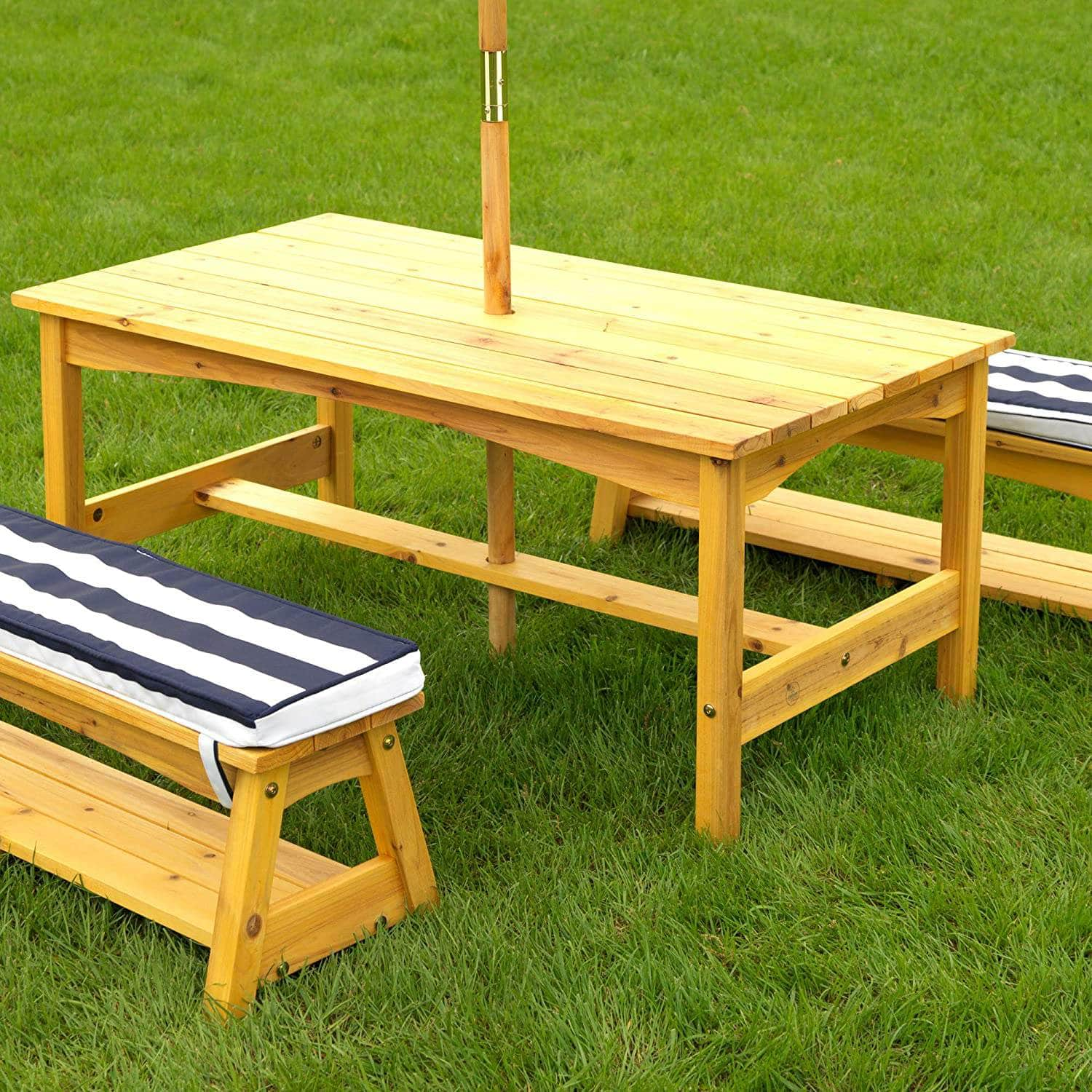 Outdoor Table & Bench Set With Cushions & Umbrella (Navy)