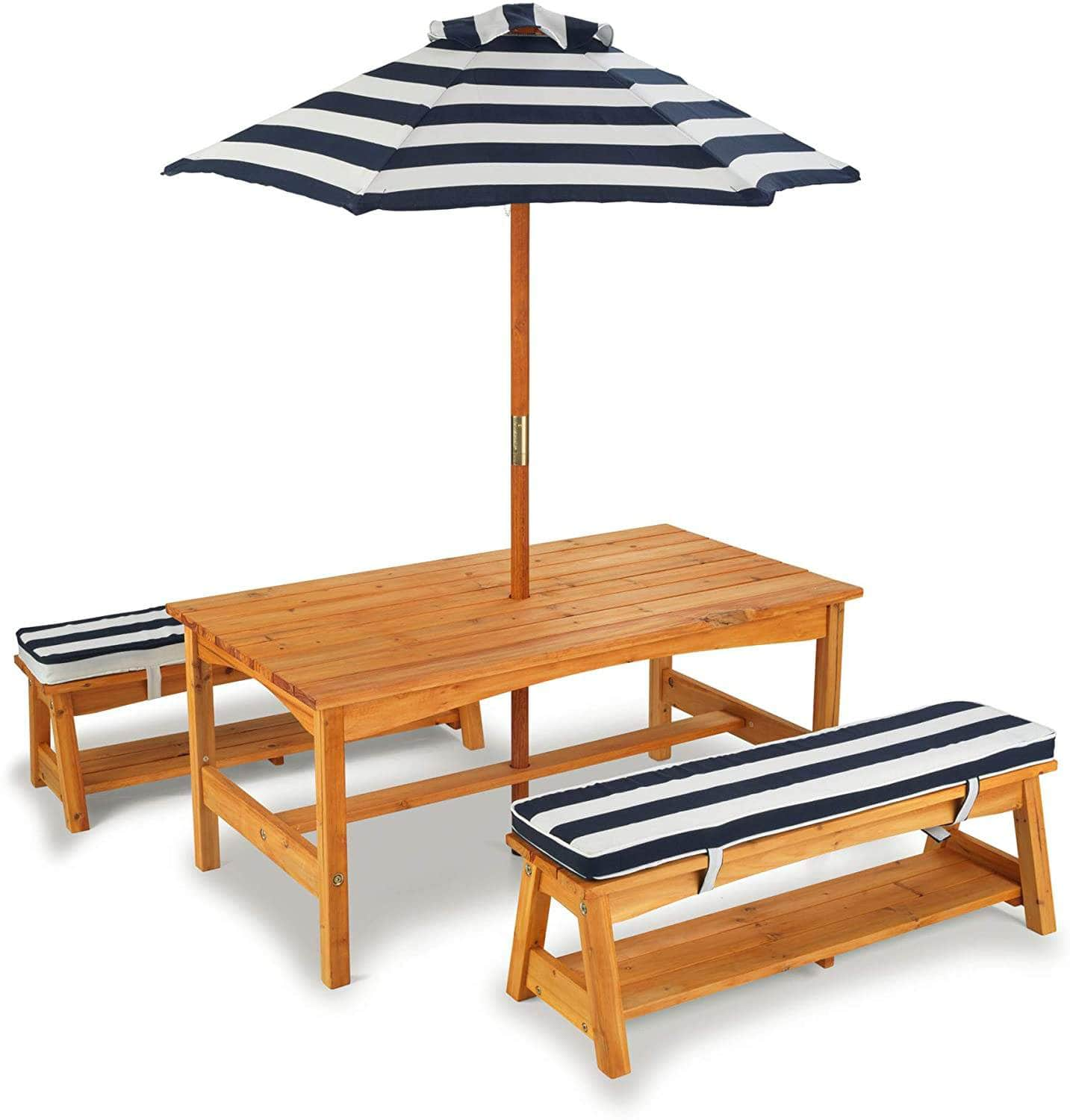 Outdoor Table & Bench Set With Cushions & Umbrella (Navy)