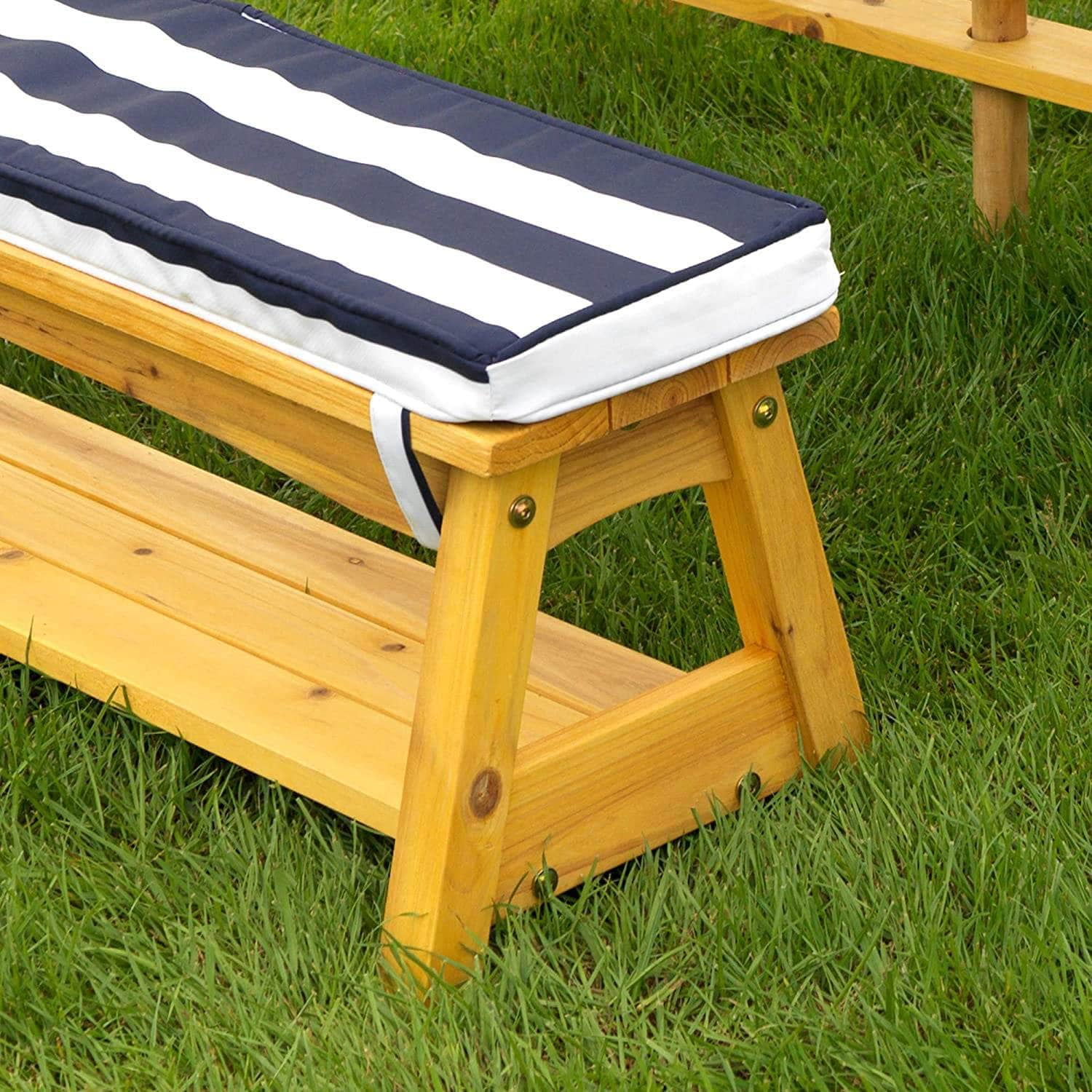 Outdoor Table & Bench Set With Cushions & Umbrella (Navy)