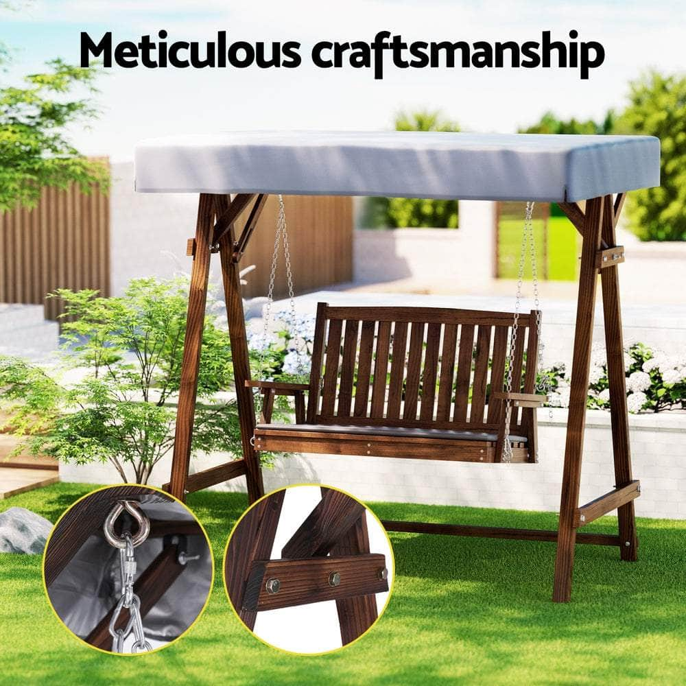 Outdoor Wooden Swing Chair Garden Bench Canopy 2 Seater Charcoal