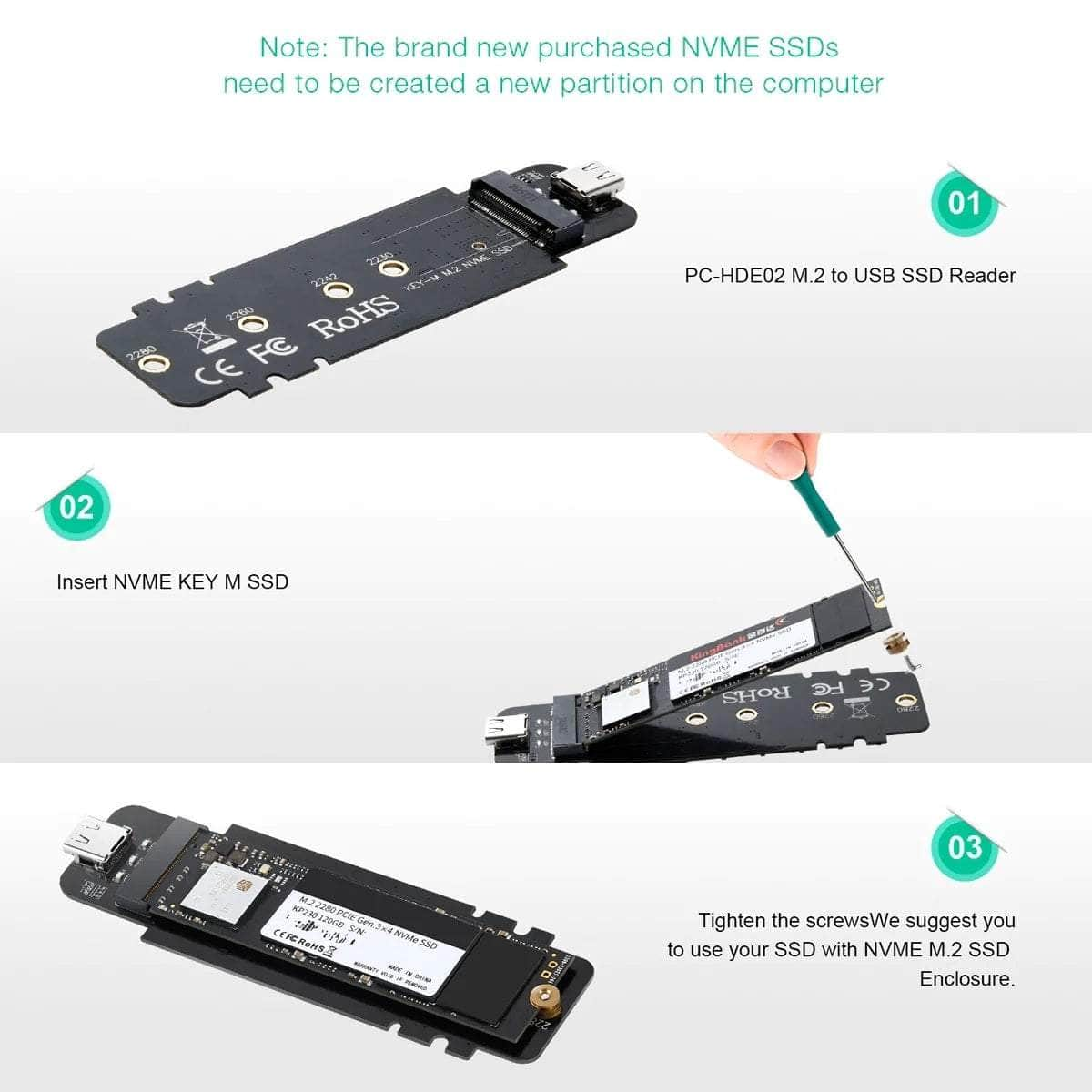 Pc-Hde02 M.2 To Usb Ssd Reader (Enclosure Only) Supports M-Key (Pci-E Nvme-Based)