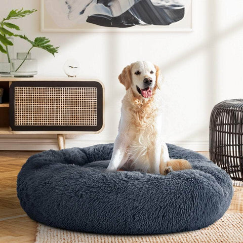 Pet Bed Dog Cat 90Cm Large Calming Soft Plush Bed Dark Grey