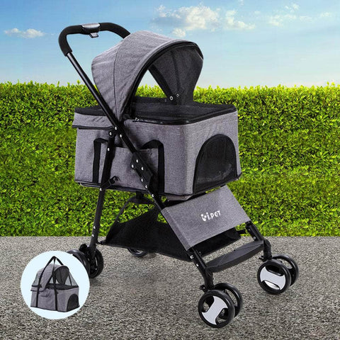 Pet Stroller Dog Pram Cat Carrier Travel Large Pushchair Foldable 4 Wheels Grey