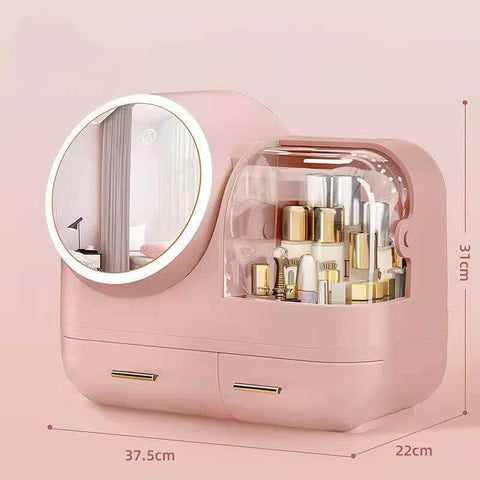 Pink LED Vanity Makeup Organizer with Partition Storage and Touch-Control Mirror