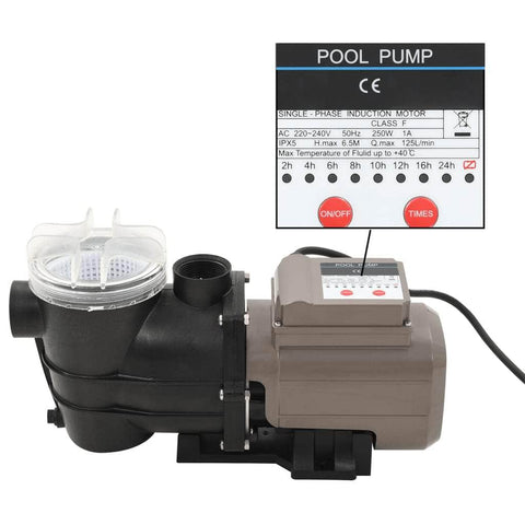 Pool Pump with Timer Black 0,25 HP 8000 L/h