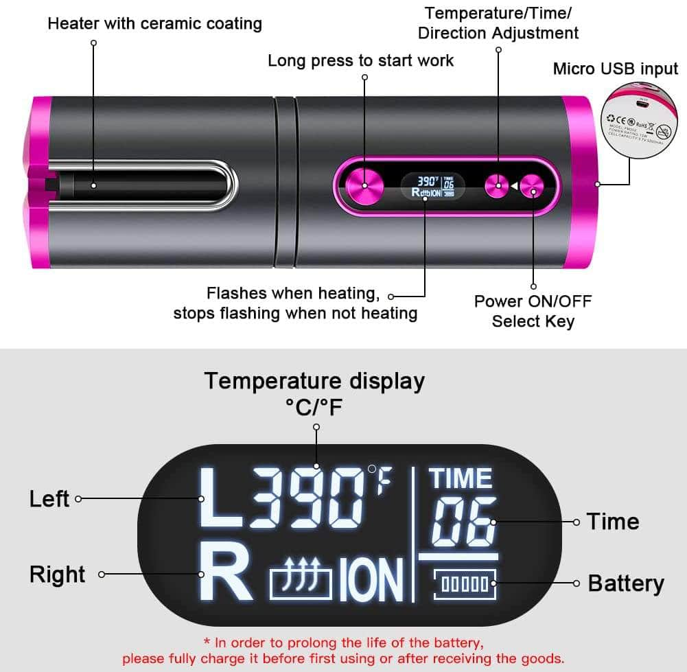 Portable Wireless Hair Curler With Led Display (Pink)