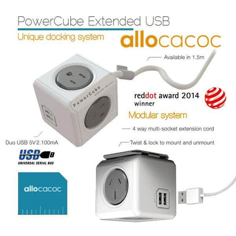 Powercube Extended Usb Powerboard 4-Outlets 2 Usb Ports Grey-White 1.5M