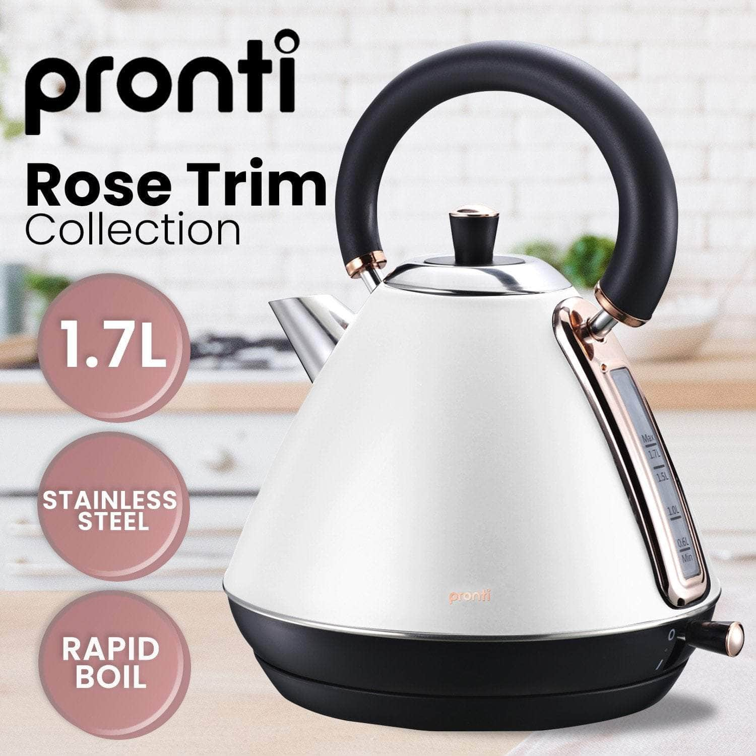 Pronti 1.7L Rose Trim Collection Kettle - White