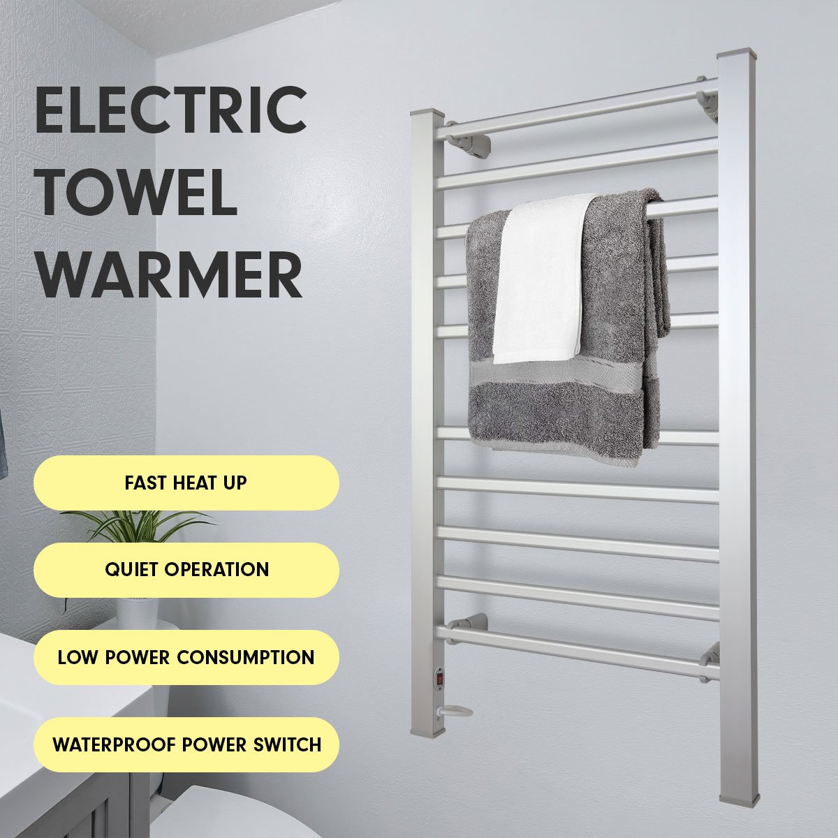 Heated Towel Rack Electric Rails Warmer 160 Watt- Silver