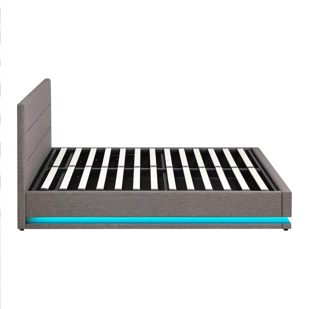 Queen Bed Frame LED Mattress Base with Gas Lift and Storage Space Grey