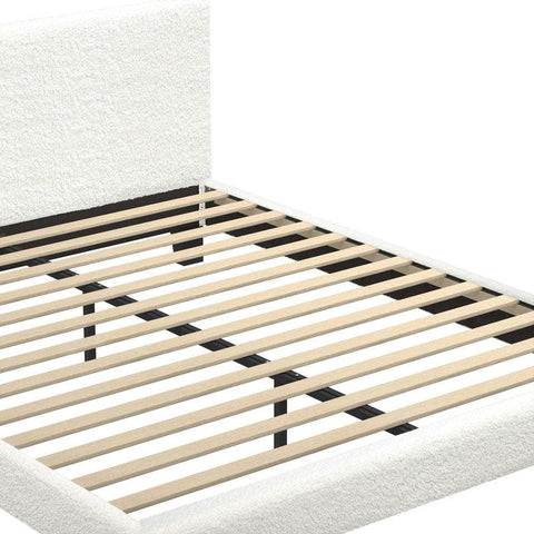 Queen Bed Frame with Wooden Slats and Boucle Fabric Bed Base Mattress Platfrom White