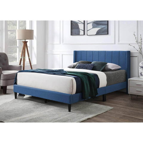 Queen Bed Winged Headboard Fabric Upholstered - Blue