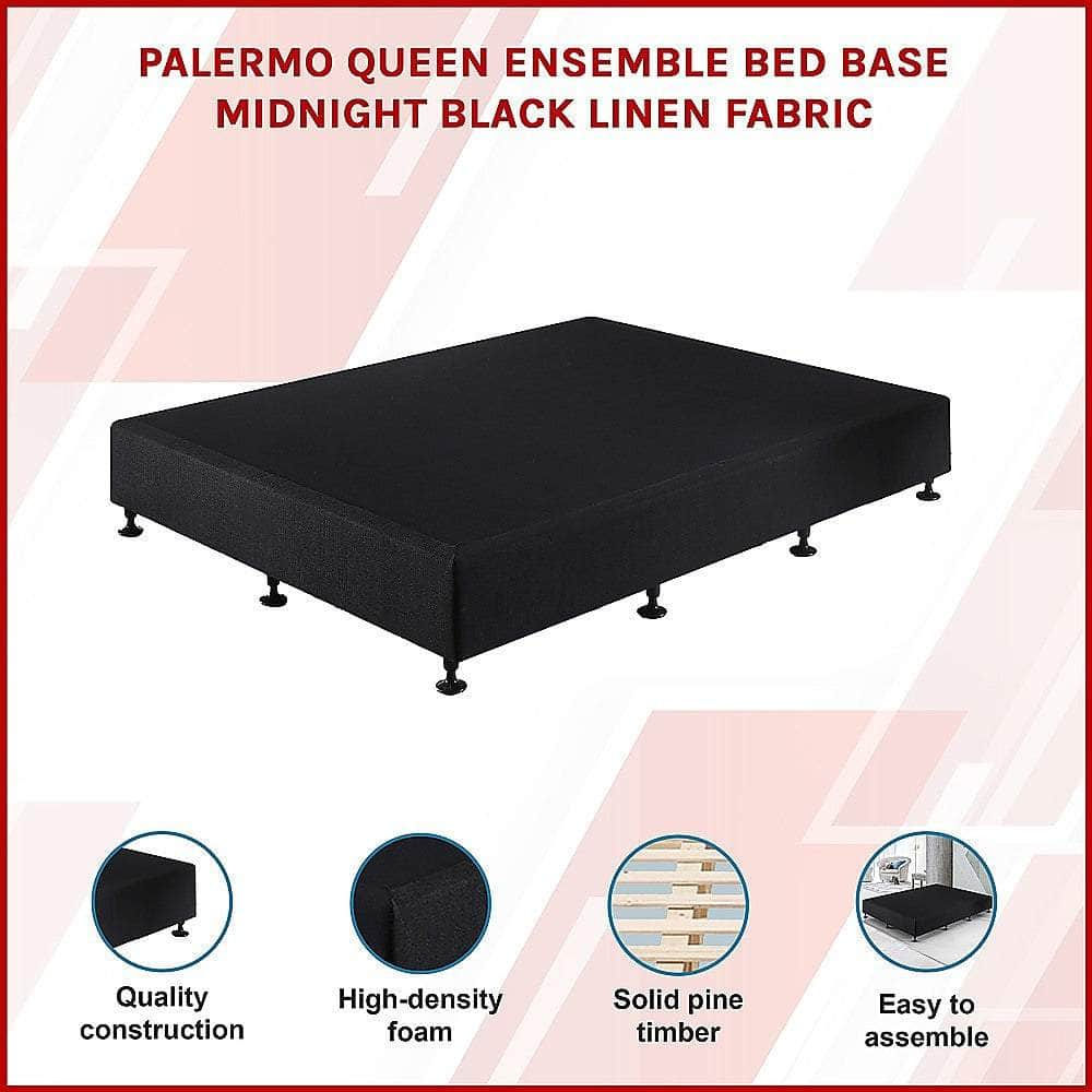 Queen Ensemble Bed Base Midnight Black Linen Fabric