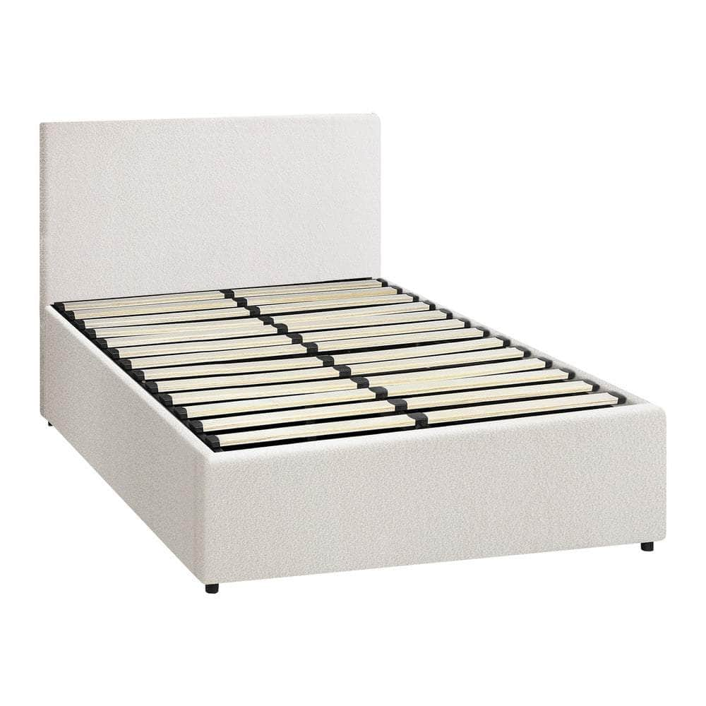 Queen/King/Single/Double Bed Frame Gas Lift Storage Base White Boucle